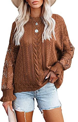 Jusfoouo Pull Femme à Motifs Crochetés avec Manches Papillon en Dentelle - Col Rond, Coupe Délavée, Marron L