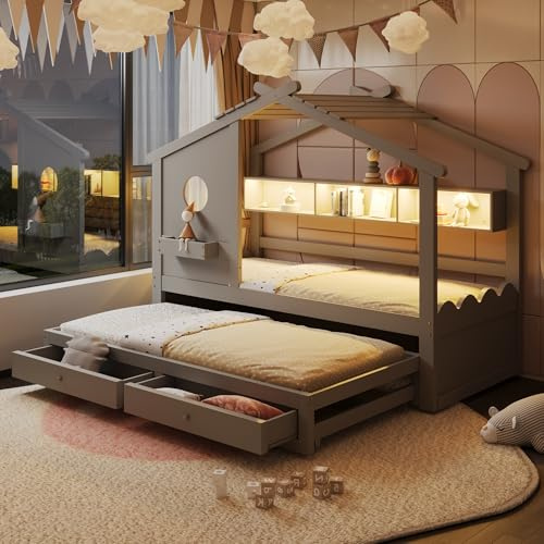 Huayz Cama infantil de madera de 90 x 200 cm, con cama nido de 90 x 190 cm, diseño en forma de casa, con LED y conector USB, estantería y dos cajones, para niños, cama funcional juvenil, sin colchón