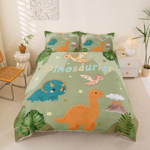 Loussiesd Dinosaurie påslakan dubbel storlek tecknad dinosaurie täcke skydd för pojkar flickor tropiska gröna växter sängkläder set 3 st rumsdekor andningsbar mjuk lätt mikrofiber