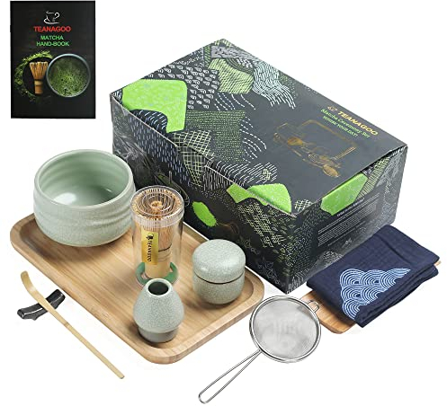 TEANAGOO Juego de té japonés, juego de batidores Matcha, cuenco batidor de bambú Matcha (chasen), pala (chashaku), soporte para batidor, O6, bandeja de té en polvo de té verde