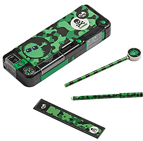 Tinc Compartment Pencil Case - Green, Includes Pencil with Eraser, Ballpoint Pen & 15cm Ruler, Push Button Compartments