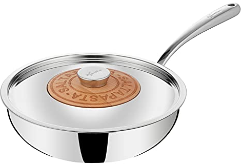 Lagostina Emozione Wok Saltapasta + Couvercle avec Insert en Bois de Cerisier Ø 26 cm, Wok Induction et Gaz, Acier Inoxydable 18/10 et Bois, Fond Lagotherm Triple Couche et Larges Poignées Soudées