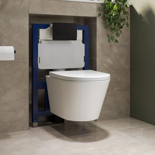 Newport Wall Hung Toilet with Soft Close Seat Matt Black Pneumatic Flush Plate 820mm Frame & Cistern