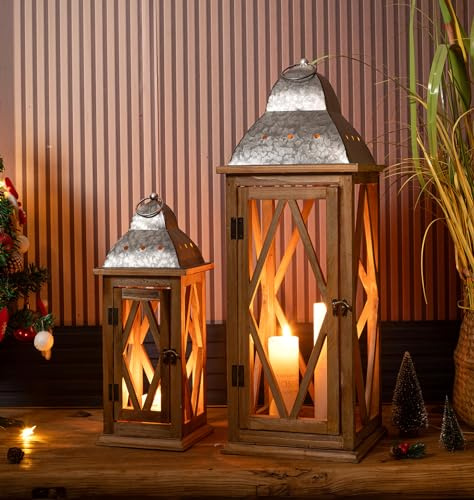 Large Farmhouse Wooden Metal Lantern Set of 2, Rustic Decorative Floor Candle Lanterns, Indoor/Outdoor Hanging Lanterns for Home Decor (No Glass)