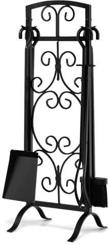 TANGZON Fireplace Companion Set, Fireside Tools with Tong, Shovel, Brush & Poker, Indoor Outdoor Log Burners Fireplace Accessories Kit（5 Pieces,Patterned Base, Black）