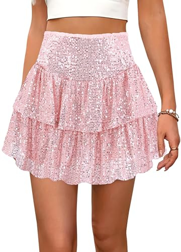 Segreto Jupe Femme à Paillettes à Sequins A-ligne Taille Haute Mini-jupe Extensible Jupe Plissée Cloche Jupe de Fête Jupe Courte, Rose, L
