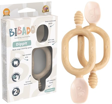 Bibado - Dippit Baby Spoon and Dipper, Mint & Blue (2-Pack) - Soft, Chewable Dipper & Deep Spoon - Two-Hand, Sensory Grip - Baby Weaning Set - Weaning Spoons - Baby Gifts - Baby Essentials - 6 Months+