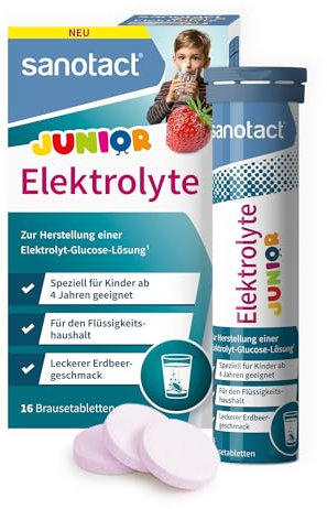 sanotact Elektrolyte Junior (16 Brausetabletten) • Elektrolyte für Kinder bei Durchfall, bei Hitze, auf Reisen • Zur Unterstützung des Flüssigkeitshaushalts • Erdbeer-Geschmack