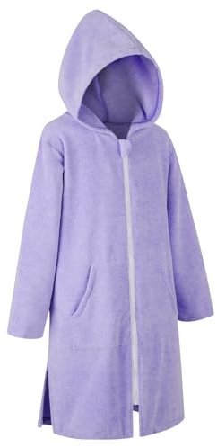 MissShorthair Hooded Towel Robe for Kid, Zipper Beach Cover Up, Swim Changing Robe for Boy, Girls Bath Towelling Poncho Lavender Haze 5-7 Years