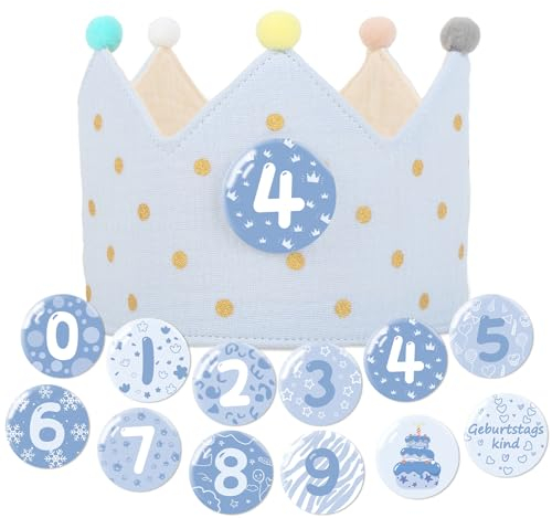 Heartsking Geburtstagskrone Junge & Mädchen, Musselin Krone Geburtstag Zweifarbig, Kinder Geburtstagskrone mit Zahlen von 0-9, Partyhüte Party Deko, für den Kindergeburtstag (Hellblau)