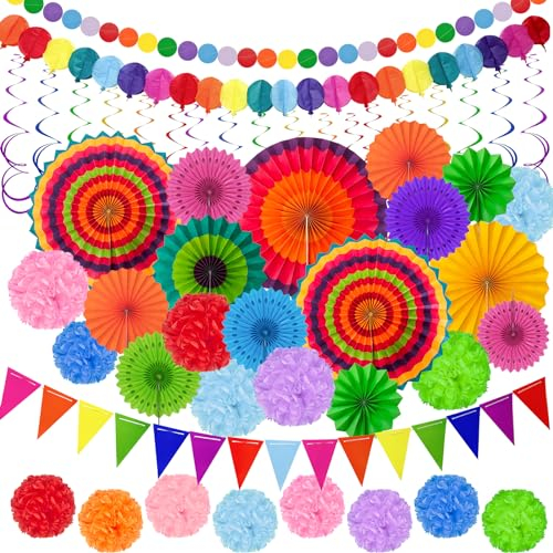 LISOPO Party Dekoration Papier Pompoms Set, Papier Fächer Set, Seidenpapier Pompons, Papierblumen Dreieckige Wimpel und hängende Glitter Punkt Girlande für Geburtstag Party, Hochzeit, Festival Deko