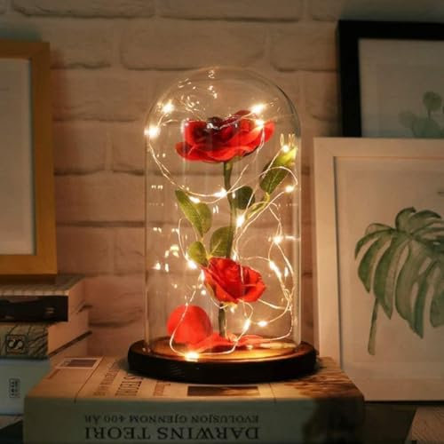 Furnsii La Bella y la Bestia Rosa Eterna, Rosa en Cúpula de Cristal con Luces Cálidas, Flor Eternal Rose Regalo para Día de la Madre, Día de San Valentín, Aniversario, Mamá, Esposa, Novia