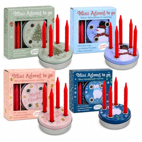 MIJOMA Advent to go: Pocket adventkrans med 4 röda miniljus, perfekt för resor, traditionell och kompakt, perfekt som souvenir eller pengapresentförpackning. (Motiv mix – 4 stycken)