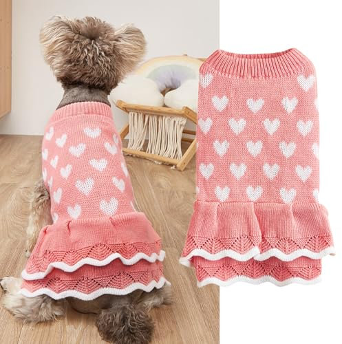 Winmany Valentinstags-Hundepullover für kleine und mittelgroße Katzen, Hunde, rot-rosa Herzkleid, Haustier-Winter-Rollkragenpullover, Strickwaren (Rosa, M)