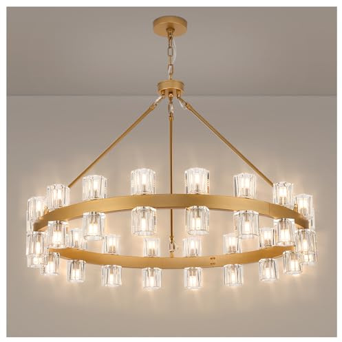 MeiYDeng 36 Inch Glod Wagon Wheel Chandelier with 36 Lights Crystal Shade, Modern Farmhouse Round High Ceilings Pendant Light Fixture for Living/Dining Room, Kitchen, Bedroom, Foyer