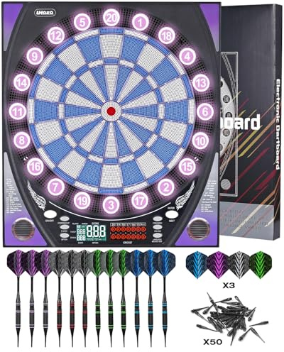 Bersaglio elettronico per freccette con display luminoso, giochi multipli e design durevole, perfetto per divertimento in famiglia e competizioni, include punta morbida con 12 freccette (nero violaceo