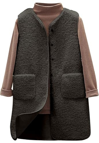 Joligiao Gilet Donna Invernale in Pile Gilet Elegante Pile Lungo Smanicato donna Invernale Termico con Scollo a V e Bottoni Smanicato Caldo Casual Comodi Senza Maniche Giacca Teddy con Tasche Autunno