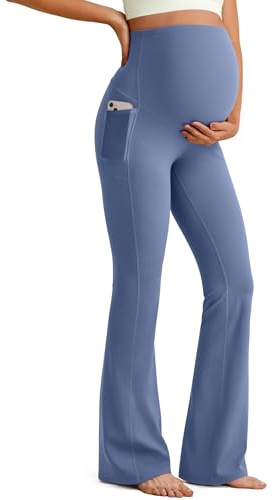 G4Free Maternity Lounge Pants with Pockets Stretchy Over The Belly Pregnancy Clothes Yoga Flare Leggings (Denim Blue,XL,Regular)
