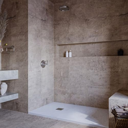 SOULBATH Plato de Ducha de Resina-Fibra Fuerte y Ultraligero - Textura Pizarra - BLANCO - 90x70- Extraplano - Incluye Válvula desagüe y Rejilla