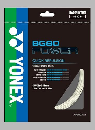 YONEX BG80 Power Badminton String, Gauge 0.68mm, 10m/33ft, Choice of Colors (White)