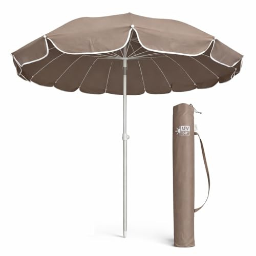 DANYX Ombrellone Mare 220 cm Antivento UV50+ 16 Stecche Fibra di Vetro Palo Alluminio Inclinabile Airvent con Trivella e Fodero Tracolla (Tortora)