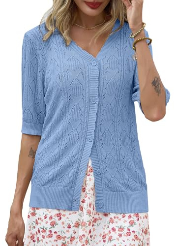 Lovasy Cárdigan de Verano para Mujer Punto Calado con Cuello en V y Manga Corta Cárdigans Ligero con Abertura de Botones para Uso Diario,Azul,XL