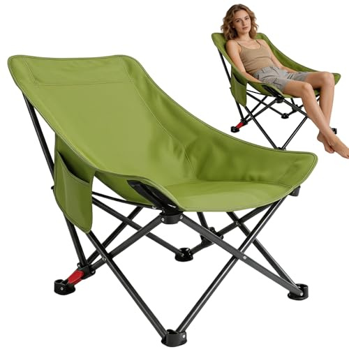 Campingstol med hög rygg, vikbar 120 kg, ultralätt bärbar campingstol, fällstol, camping, fiskestol, vikbar med 2 sidofickor, hopfällbar stol för utomhusbruk, vandring, picknick (vintergrön)