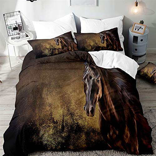 Morbuy Set di Biancheria da Letto di Cavallo Stampa, 3D Set Copripiumino in Microfibra con Federa e Copripiumini a Cerniera per Letto Singolo Matrimoniale King (Cavallo Foresta,180x220cm)