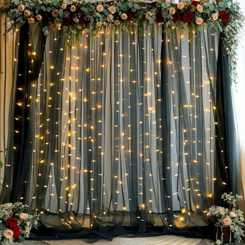 Rideaux de Fond Noirs avec guirlandes Lumineuses pour fêtes, Mariages, fêtes prénuptiales, Panneaux de Rideaux en Tulle Transparent pour fête prénatale, fête d'anniversaire, séance Photo, décorations