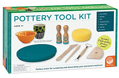 MindWare Beginner Pottery Tool Kit for Kids - 8 Piece Set Includes Hand Wheel, Sponge, Rib, Molding Tools and More