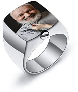 INBLUE Ringe Herren Asche Ring Edelstahl Siegelring mit Gravur Personalisierter Foto Text Eingraviert Schwarzer Gold Ring Hunde Erinnerung Schmuck mit Trichter Werkzeug (Silber, Farbfoto, Größe 60)
