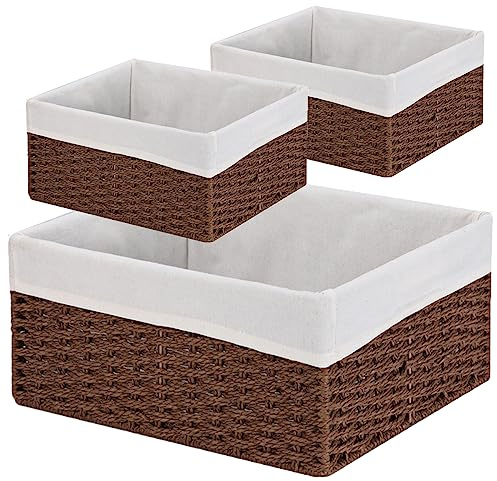 Vagusicc Wicker Basket, Set of 3 Hand-woven Storage Baskets for Organizing, Decorative Rectangle Wicker Storage Basket Bins with Handles, Small Toilet Paper Storage Baskets for Shelves & Decor, Brown