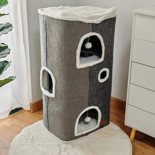 Spindro Katzenhöhle Katzenbett große, Katzenhaus Indoor Katzen schlafplatz mit abnehmbarem Sherpa Katzenkissen und hängendem Spielzeug, Katzen Bettchen, hellgrau 42x32x84cm