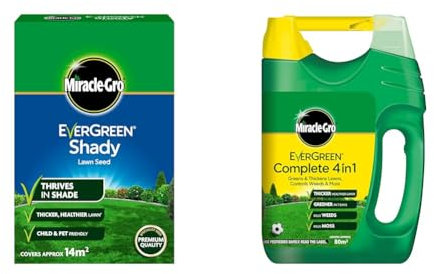 Miracle-Gro EverGreen Shady Lawn Seed 420 g - 14 m2 & 121187 EverGreen Complete 4-in-1 Spreader, Lawn Food, Weed & Moss Control, 80 m2, Yellow