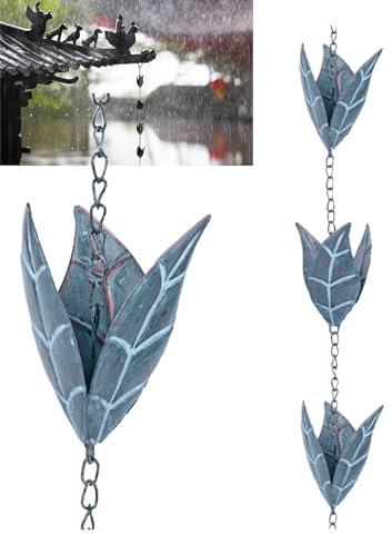 Tefola 2.6m Chaine de Pluie, Rain Chain, Chaînes de Pluie, Chaine de Pluie pour Gouttiere Rétro en Forme de Feuille de Fer Bleu à Accrocher sur Les Balcons, Les Toits et Les Jardins