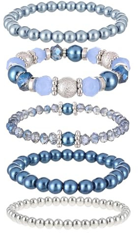 Stackable Stretch Layering Bracelets for Women - 5PCS Blue Bead Bracelets, Handmade Fashion Jewellery for Her