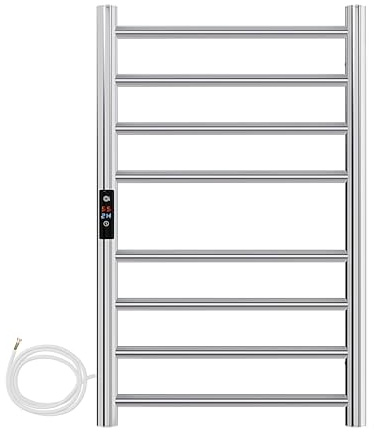 AQUAWORLD Electric Towel Radiator Stainless Steel Grade 304 Towel Warmer for Bathroom with Built-in Timer Hardwired Wall Mounted Heated Towel Drying Rack - 800mm x 500mm (Polished Chrome)