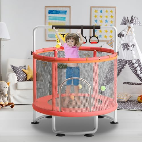 Kinder Trampolin, 200kg Tragkraft, 150cm Verstellbares Baby-Kleinkind Trampolin mit Basketballkorb, Schaukel, Sandsack, Ozeanbälle, Indoor Outdoor Kleinkind Trampolins mit Netzüberdachung
