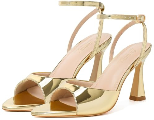 Susanny Gold Heels for Women Pointed Open Toe Strappy Chunky Block High Heels Ankle Strap Stiletto Kitten Heeled Sandals Wedding Bridal Party Prom Sexy Dress Shoes 9