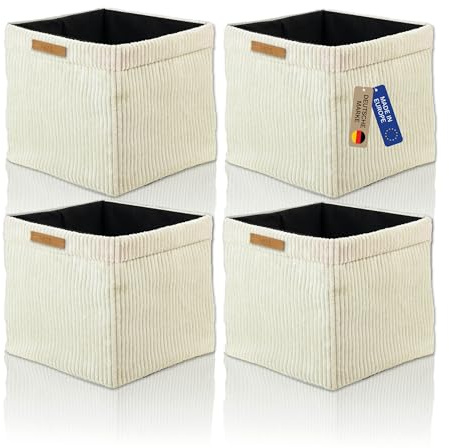 Lycce Kallax Boxen Cordstoff 4er Set | faltbare Aufbewahrungsboxen 33 x 33 x H31 cm mit abnehmbarem Cordbezug waschbar | Ordnungsboxen passend für Kallax Regal | vanille