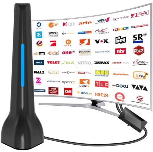 DVB-T/DVB-T2 Antenne mit Verstärker innen，Ermöglicht den Fernempfang digitaler Signale und Wird mit einem 3-Meter-Koaxialkabel geliefert