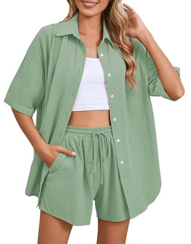 Fccrian Tuta Co Ord Set Per Le Donne Lounge Wear Set Button Down-Cotone Lino Camicia E Coulisse Casual Shorts Set Casual Spiaggia Donna 2 Pezzi Outfit Set Lounge Allenamento Pantaloni Tute