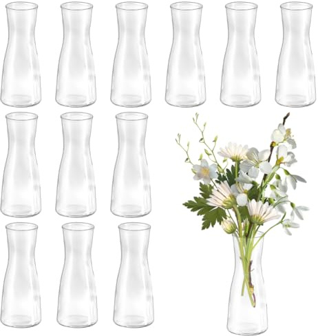 CEWROM Mini jarrones de cristal, 12 unidades, pequeños jarrones para decoración de mesa de boda, jarrones de mesa, jarrones de mesa, botellas de cristal, botellas de cristal para decoración de mesa