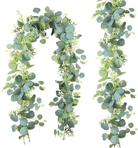 Kokoie 2 pcs Eukalyptus Girlande, Eukalyptus Deko, 1.8 m Grüne Blätter Künstliche Girlande Pflanze, Greenery Reben, mit weißen Blumen für Hintergrund Hochzeit Dekoration Tischläufer Mittelstück
