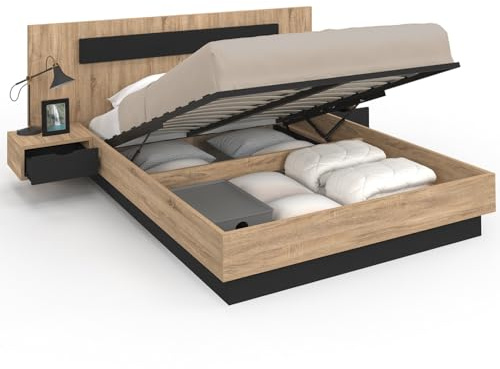 IDMarket - Lit Coffre Double Santa avec tête de lit + Tables de chevets intégrées et sommier 140 x 190 cm Bois et Noir