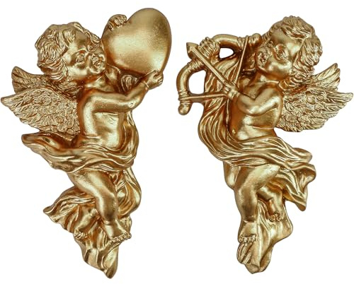 KH866 Gold Cherub Angels 2Pcs - Resin Winged Angel Wall Decor Sculptures 5.3 inch Tall Hanging Adornment Cupid Figurine Crafts Vintage Ornament Adorable Angelic Figure for Wedding Decor