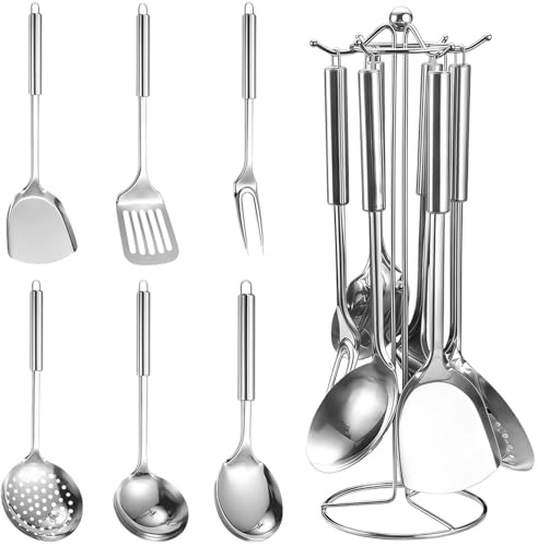 Kezidhp Set Utensili Cucina in Acciaio Inox 7 Pezzi, Set Pentole con Supporto (Mestolo, Schiumarola, Paletta, Forchettone, Cucchiaio per Riso), Lavabile in Lavastoviglie, set pentole acciaio ino