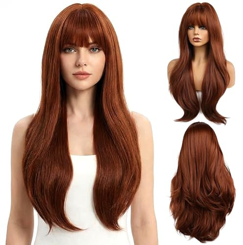 HTTDSLF 66 cm Largo Layered Pelucas Con Flequillo Lacio, Pelucas Largas en Tonos Castaños Rojizos para Mujer, Sintética Fibras Shoulder Largo Cabello, para Uso Diario Fiestas y Cosplay, Halloween