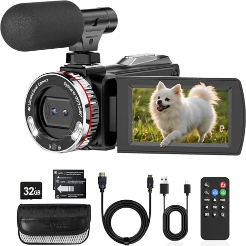 Cámara de Vídeo 4K 48MP Videocámara 21X Digital Zoom 3 270° Giratoria Pantalla Cámara Vlog para Youtube, Camara Video con Cable HDMI, Micrófono, Control Remoto, 2 Baterías (32GB Videocámara)