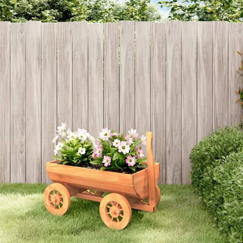 Runheo Chariot décoratif en bois de sapin massif 70 x 43 x 54 cm avec roues, bac à fleurs capacité 21 l, chariot de jardin pour parterre, cour, extérieur et transport de plantes et de terre